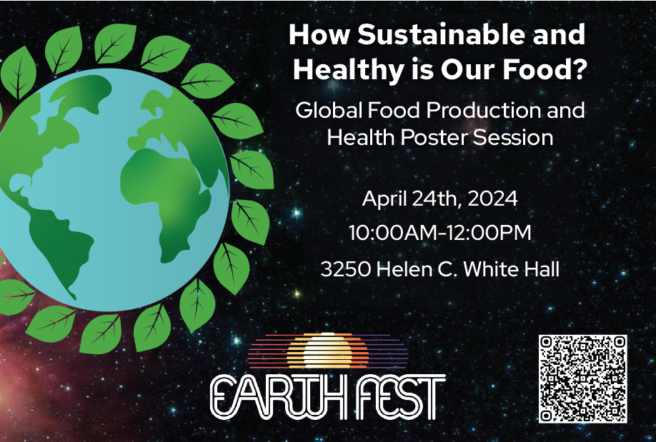 Globe graphic with leaves circling the Earth. Background is a starry sky. Earth Fest logo bottom center. Text details: How Sustainable and Healthy is Our Food? Global Food Production and Health Poster Session. April 24th, 2024. 10:00 AM - 12:00 PM. 3250 Helen C. White Hall.
